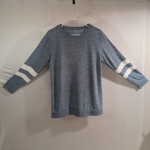 Women's Large Blue W/White Sleeve Stripes Crew Neck Sweater